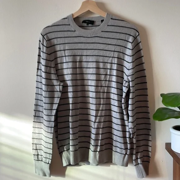 Vince Mens Stripe Crewneck Wool & Linen Sweater Medium Heather Grey Blue $225